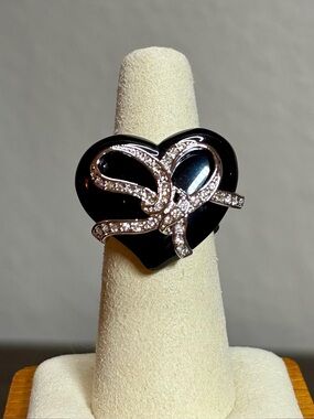Camille Lucie Black Heart Ring with Crystal Bow Accent